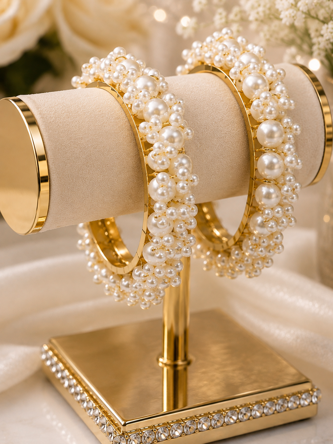 (B21) Elegant pearl statement bangles featuring beautiful clusters of lustrous ivory pearls set on a polished gold-tone base. A luxurious, eye-catching design size 2.8