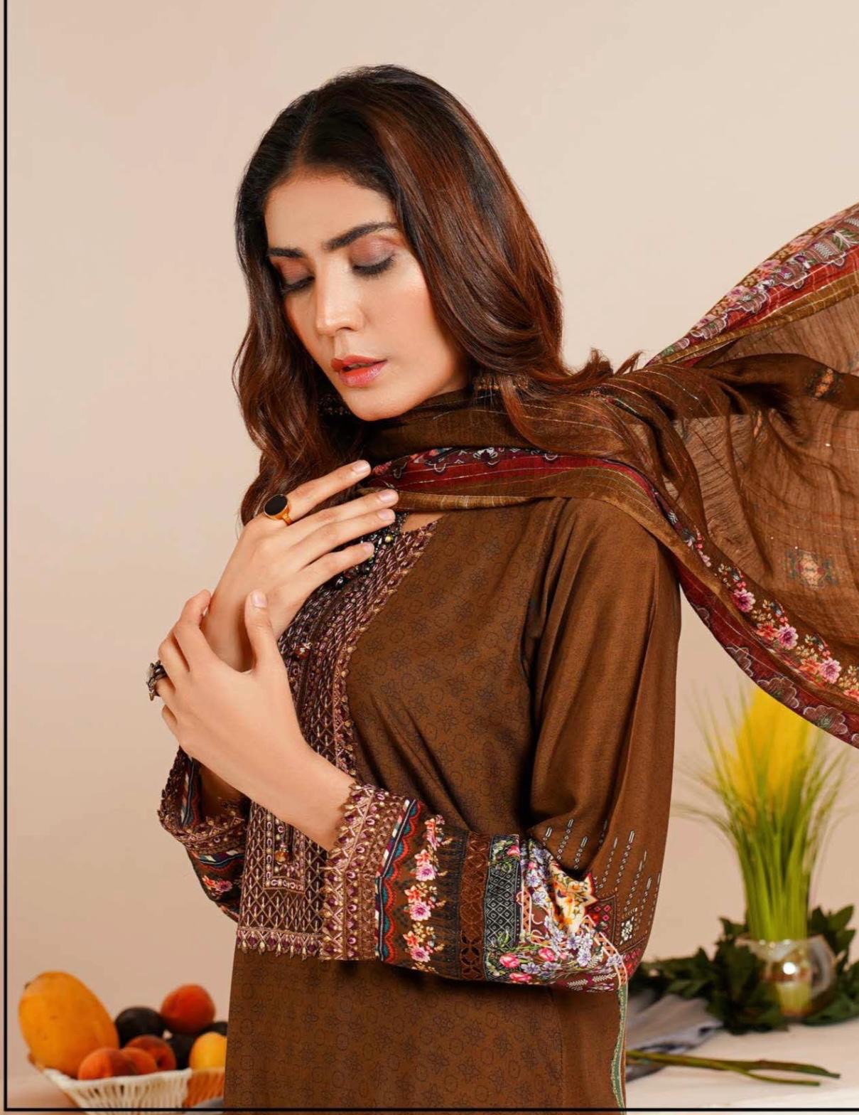 (240) Linen Pakistani Elegantly Embroidered Three-Piece Ready Made Suit