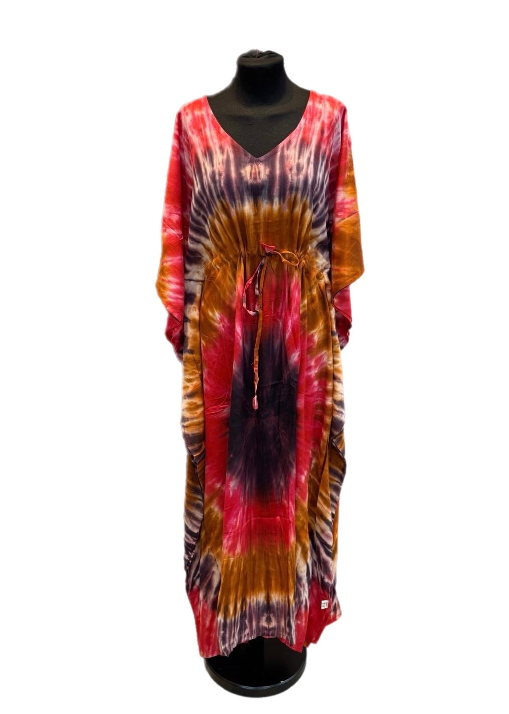 (116) Tie dye long butterfly kaftan dress viscose belted one size