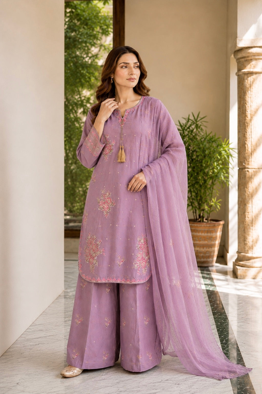 (353) Abeeha Elegant mauve Viscose Suit – A beautifully designed rounded kameez featuring delicate gold thread floral embroidery, paired with stylish palazzo trousers and a soft bamber dupatta.