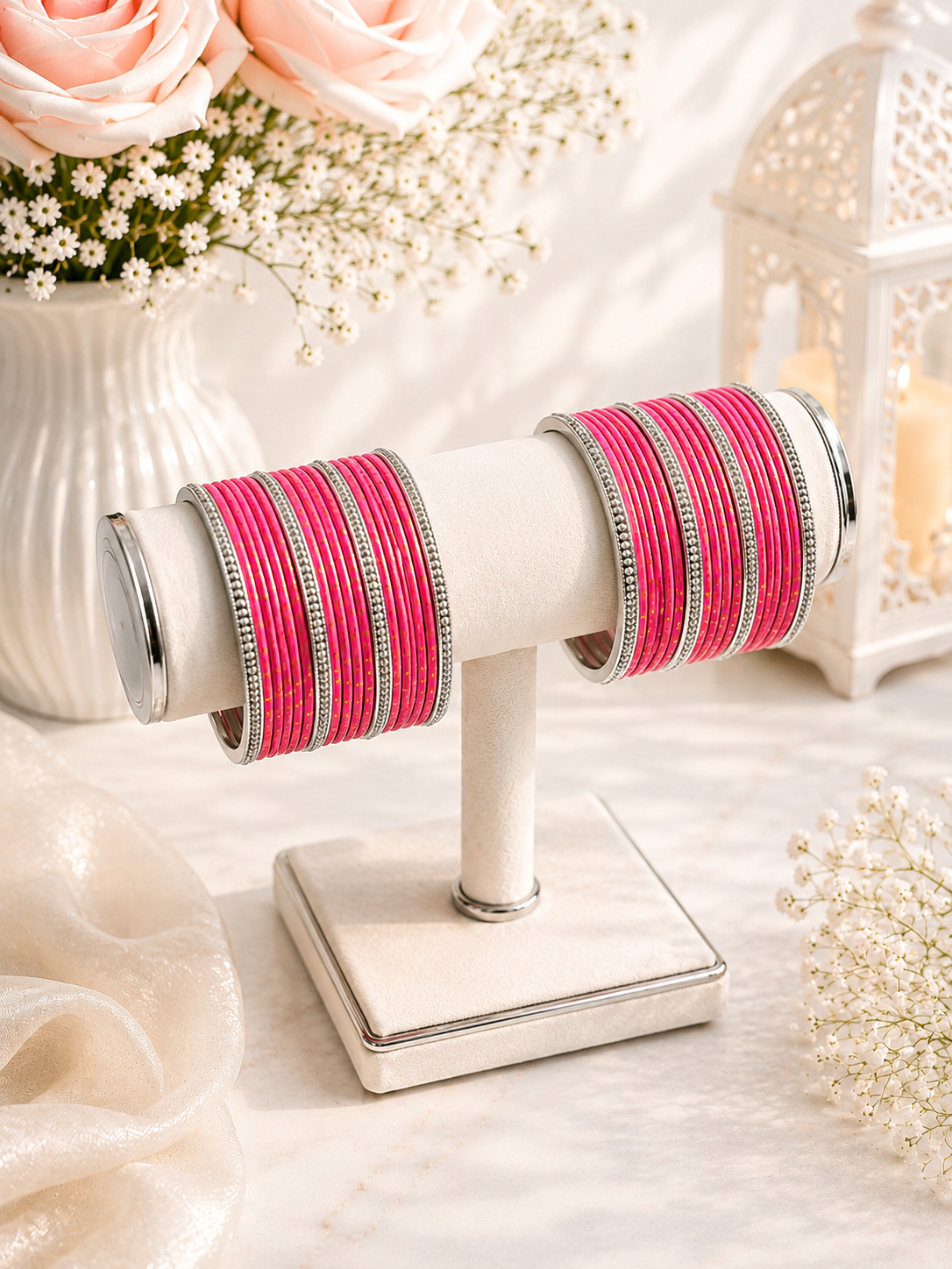 (B2) Elegant hot pink bangle set with sparkling silver detailing and delicate gold accents size 2.6