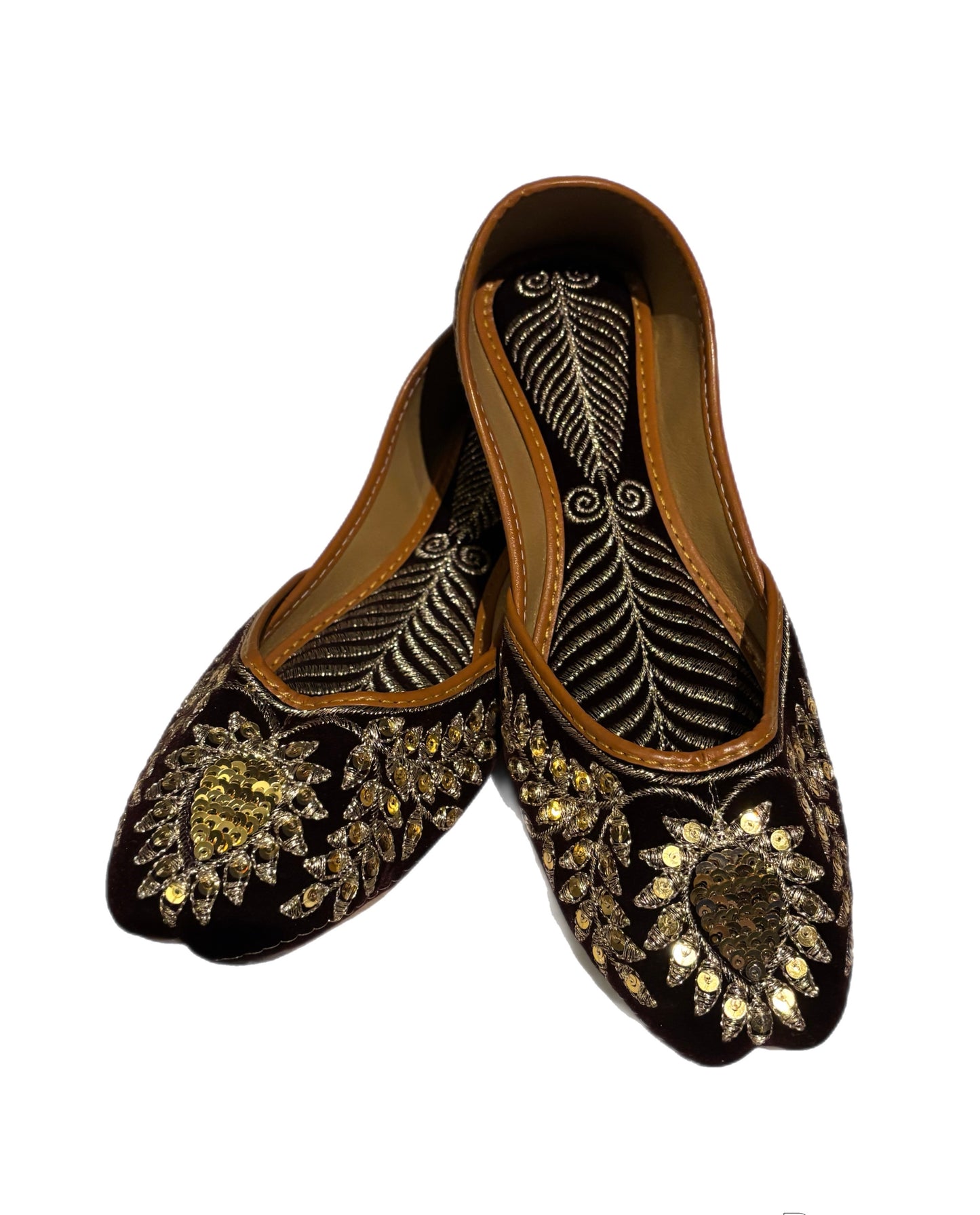 (S9) Handmade Suede Brown Khussa – Gold Embroidered Punjabi Jutti with Soft Foam & Non-Slip Sole