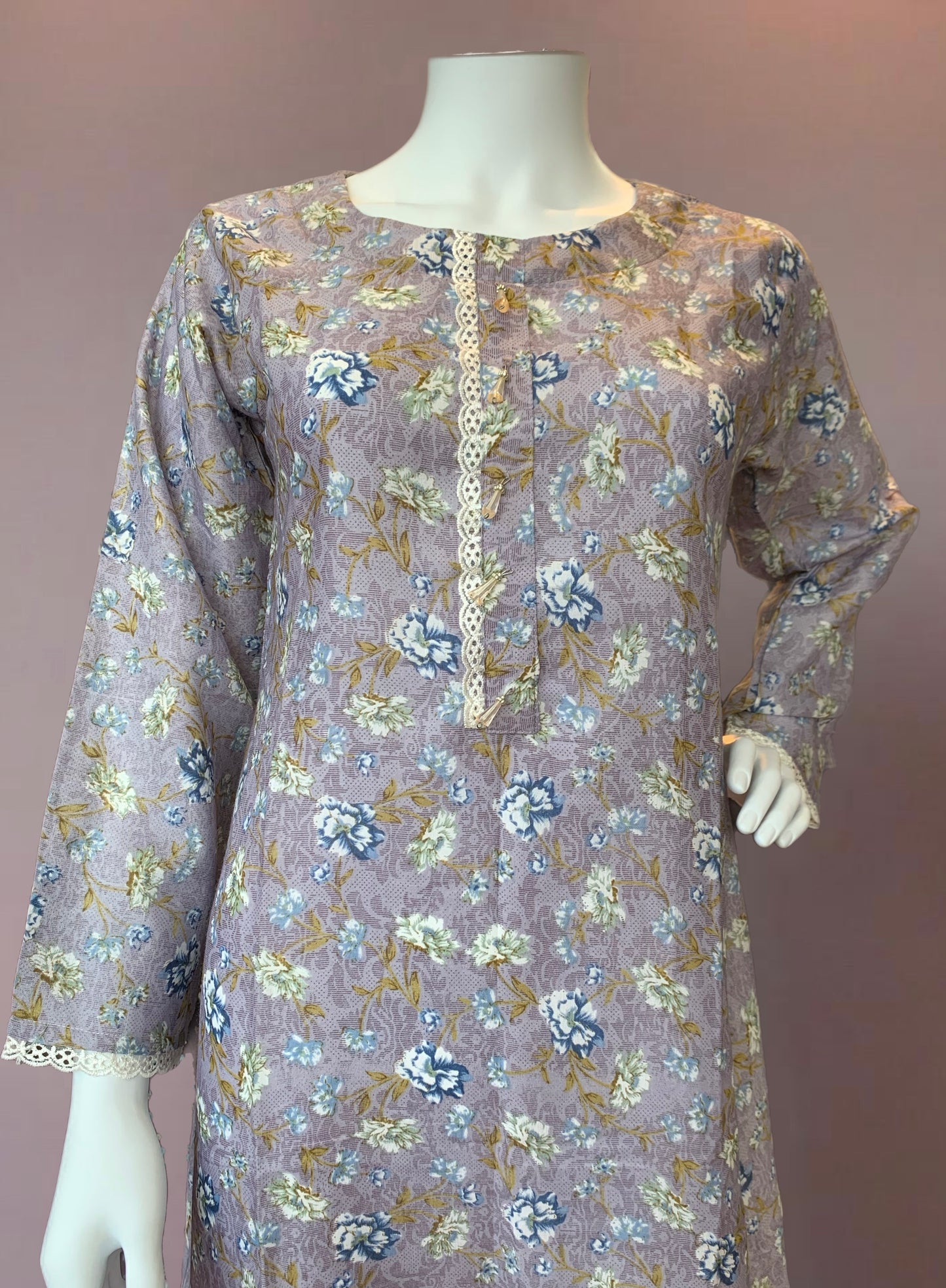 (262) Badal Summer Flared Printed Dress | One Size with Elegant Lace Trim