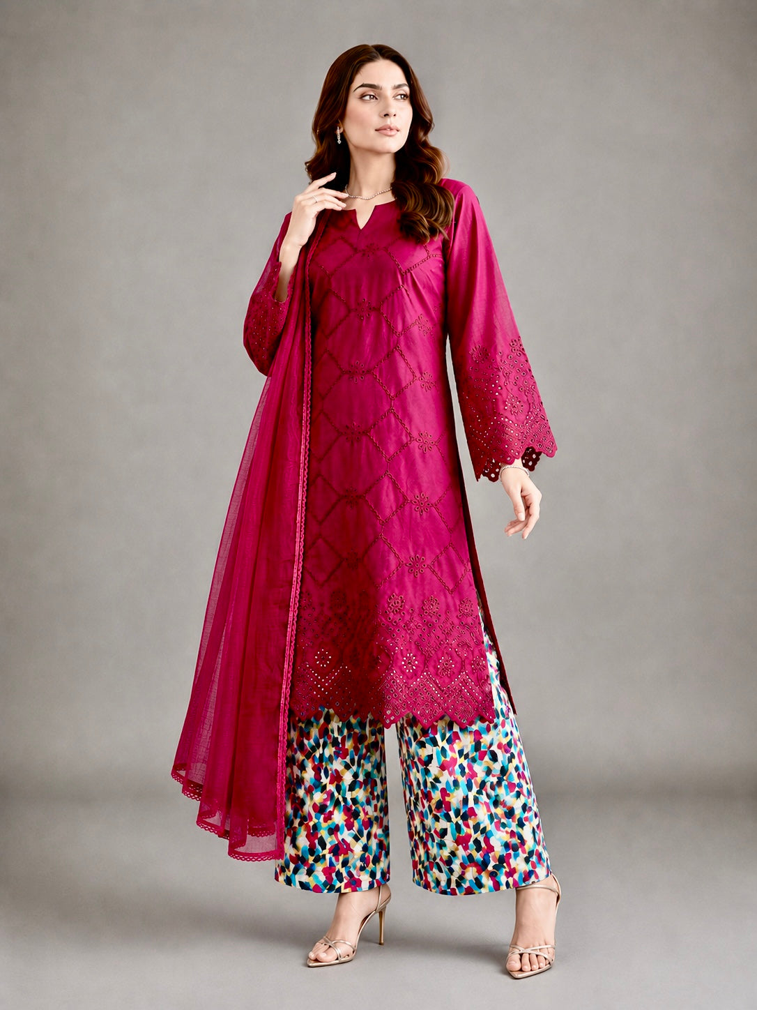 (221) Chikankari Embroidered Lawn Suit with Matching Dupatta & Palazzo Trousers – Perfect Comfy Summer Wear