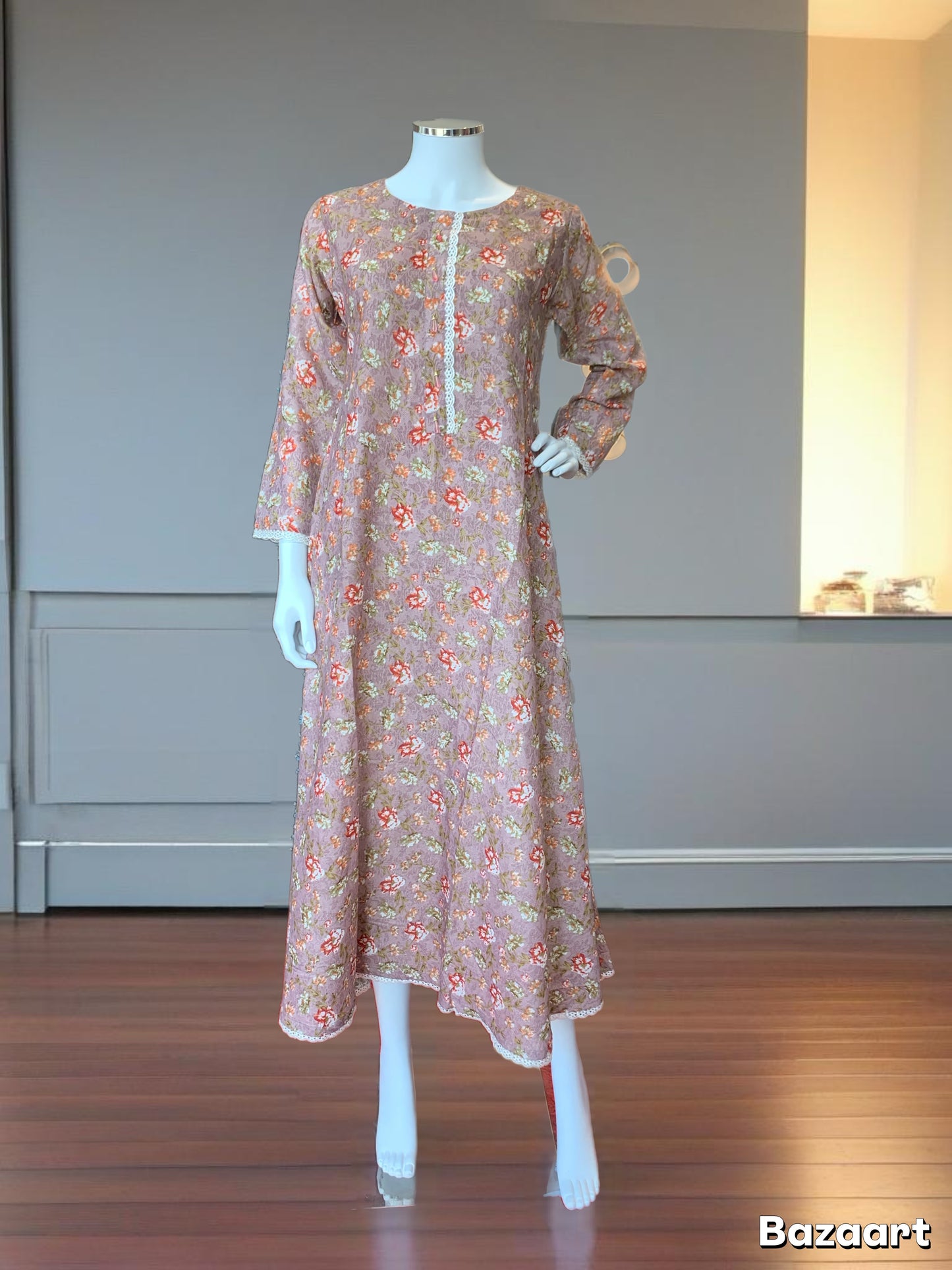 (268) Badal summer light purple flared printed lace trim dress one size fits uk size 10-16