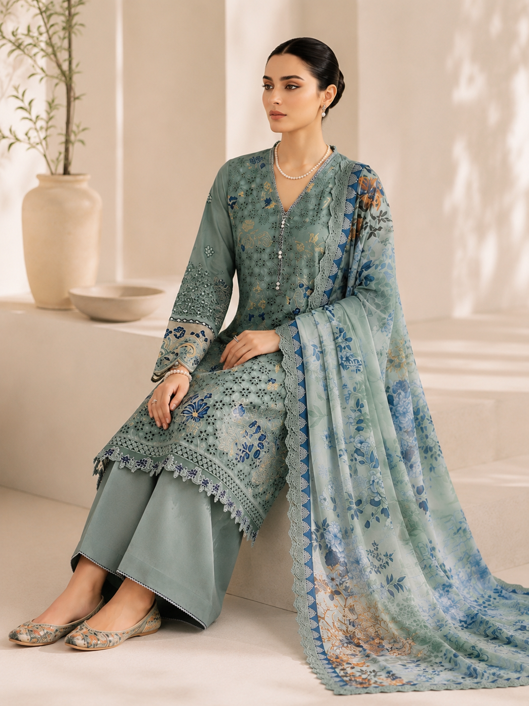 (11) Rangreza pret pastel chicken kari lace embroidered pearl button neck line printed chiffon duppatta ready to wear