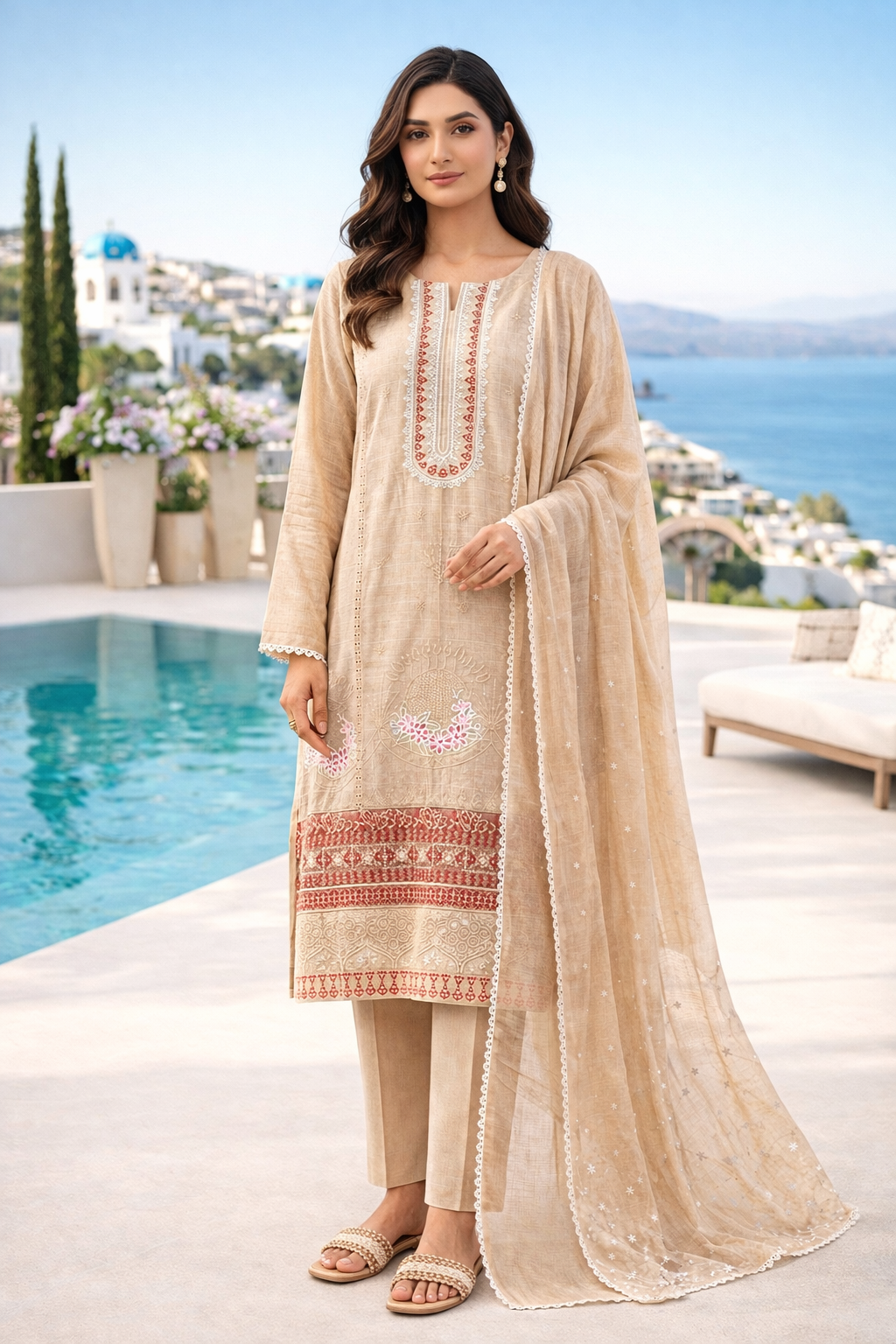 (2) Elegant Linen Ready to Wear 3 Piece Suit with Chicken Kari and Lace Dupatta