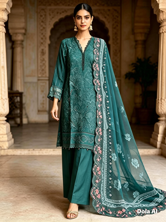(16) Rangreza pret chicken Kari lace sequin embroidered floral lawn chiffon duppatta plazzo trousers ready to wear