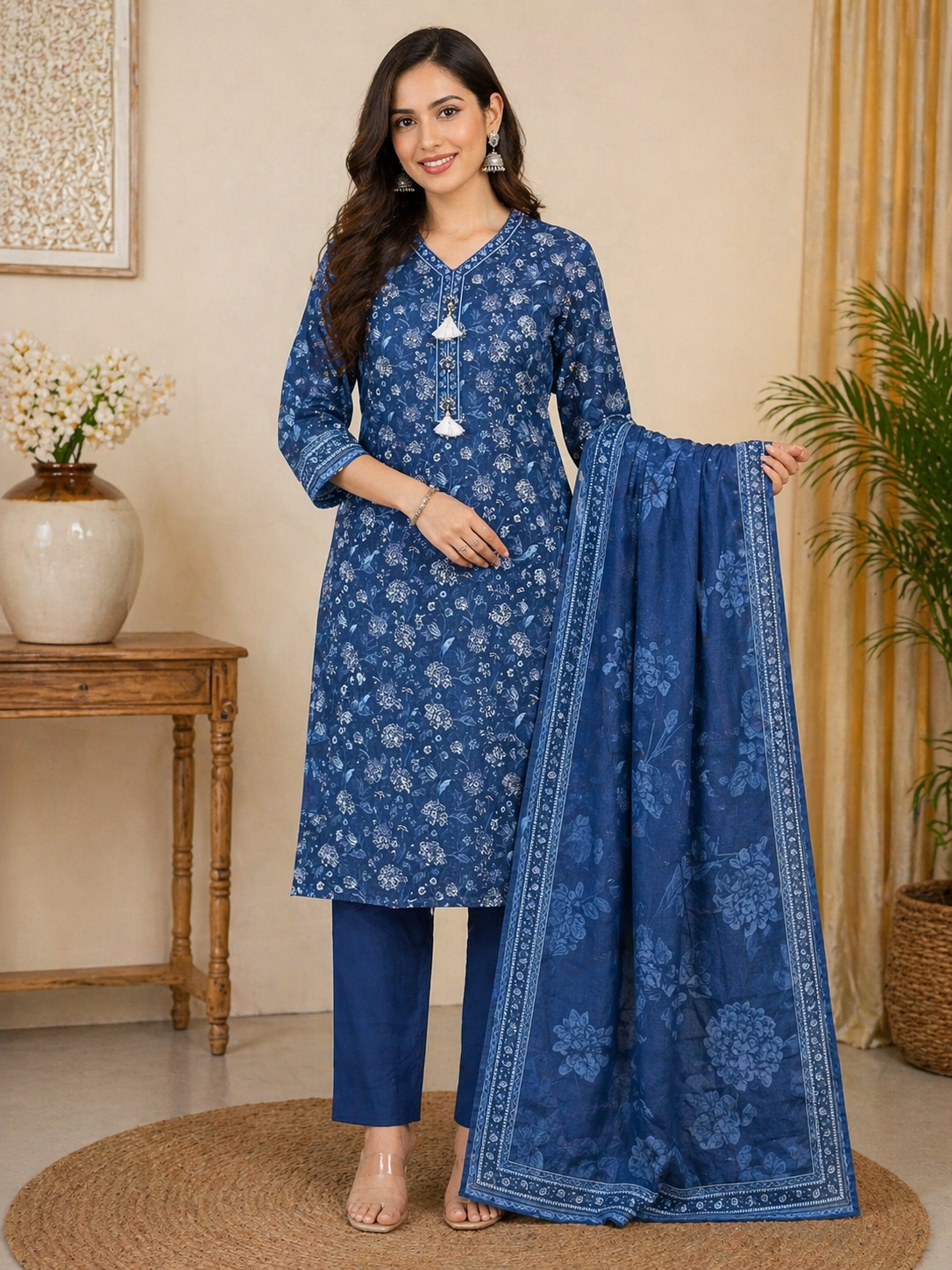 (111) Bin Saeed Floral Lawn Suit | Pearl Neck & Contrast Dupatta