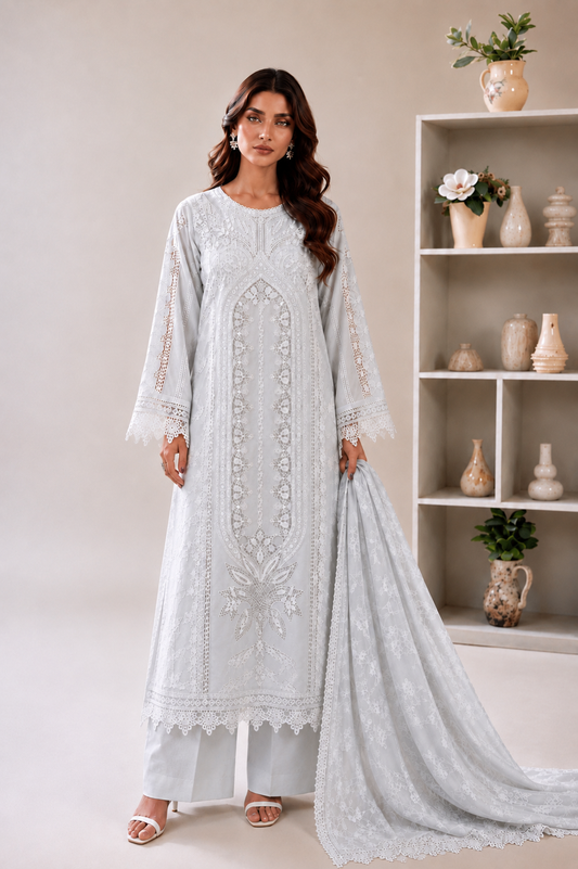 (180) Maria b inspired embroidered arabic lawn lace cutwork printed tissue silk dupatta ready to wear