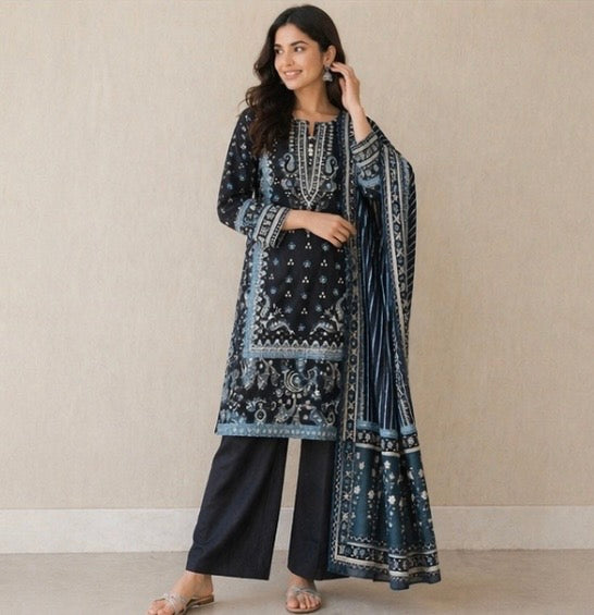 (124) Bin Saeed Floral Lawn Suit | Mirror Buttons & Contrast Dupatta