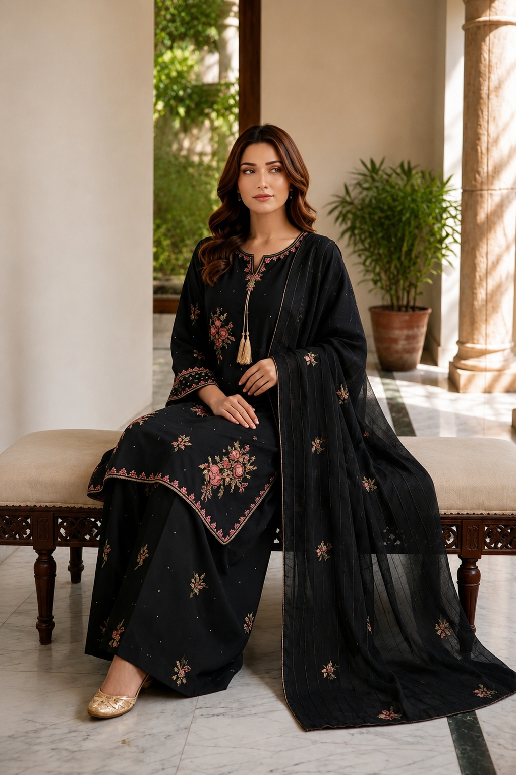 (354) Abeeha Elegant black Viscose Suit – A beautifully designed rounded kameez featuring delicate gold thread floral embroidery, paired with stylish palazzo trousers and a soft bamber dupatta