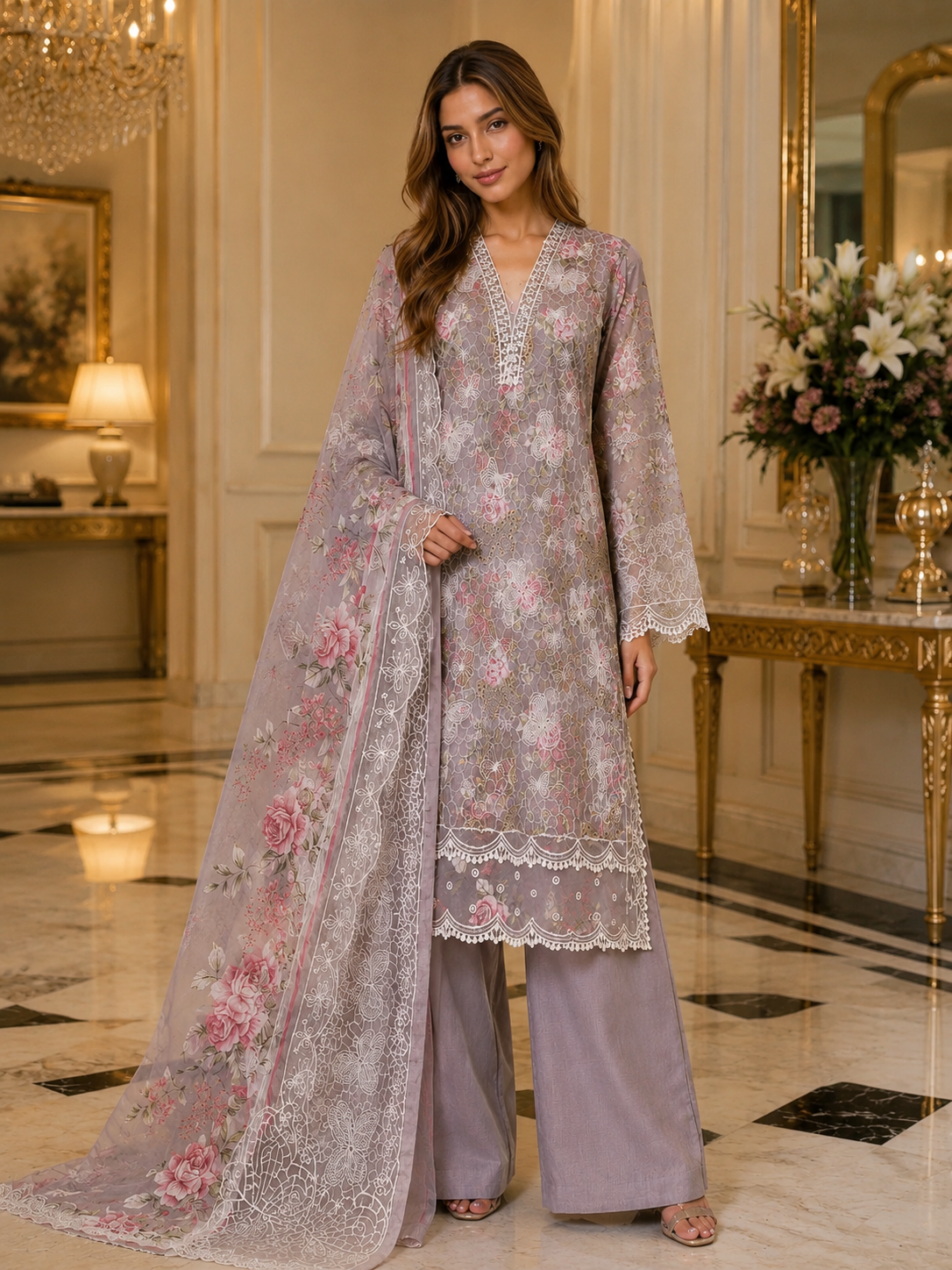 (229) Elegant Pastel Lawn Suit | Lace Embroidery & Flowing Chiffon Dupatta 🌸