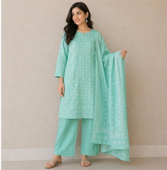 (113) Bin Saeed Lawn Suit | Floral & Pearl Neck | Contrast Dupatta