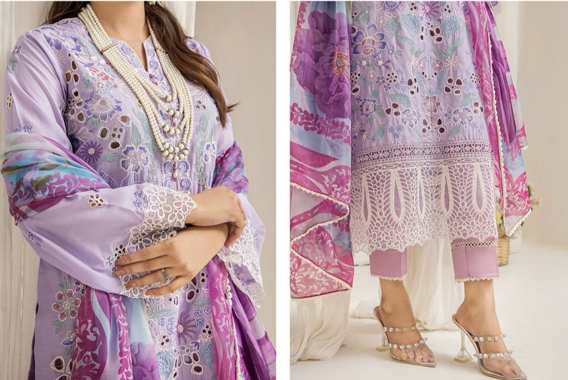 (293) Mayra Wisteria Elegance – Ready-to-Wear Lawn Shirt with Cotton Trousers & Printed Chiffon Dupatta