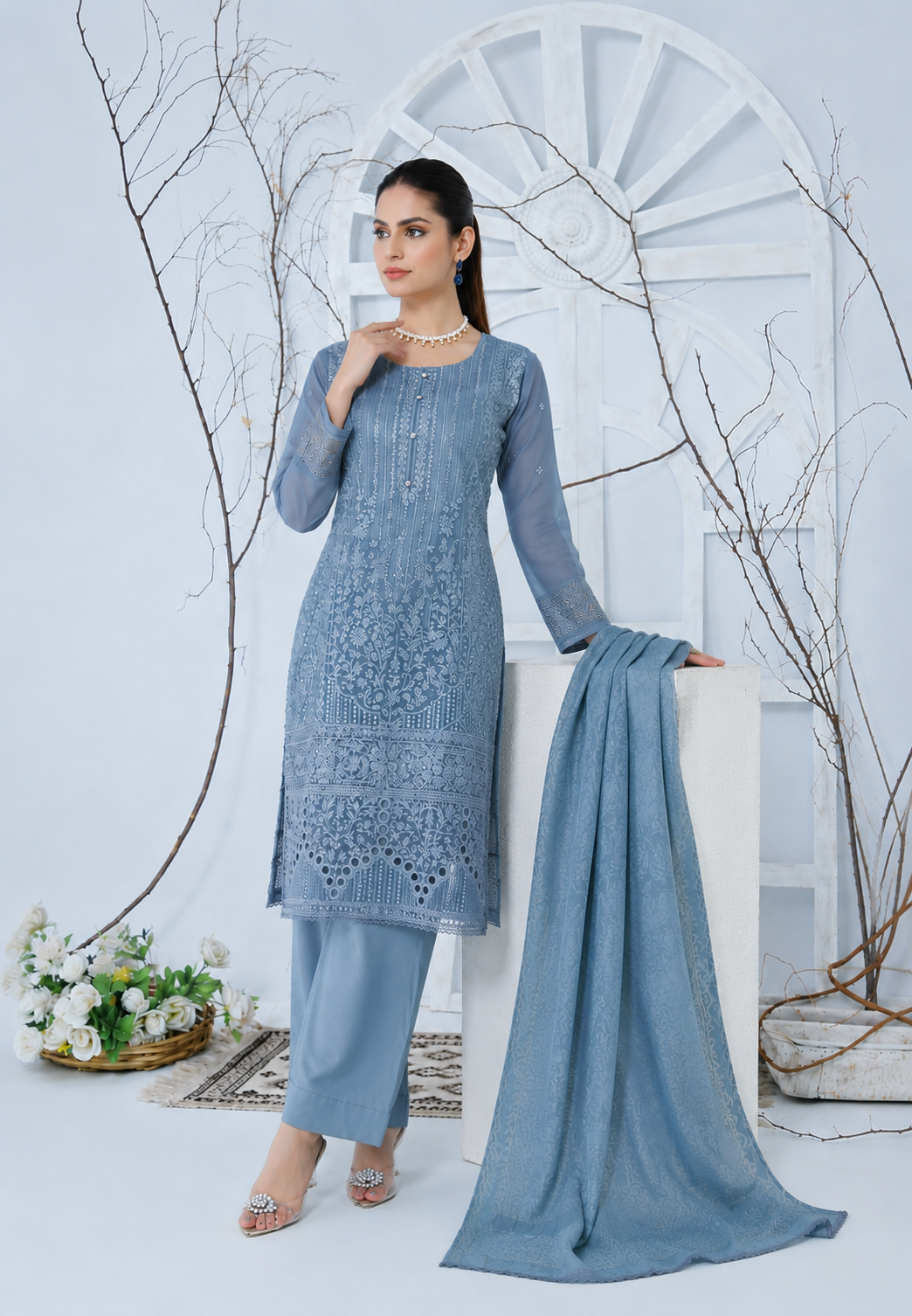 (277) Ready Made Organza Suit | Sequin Chikankari Embroidery