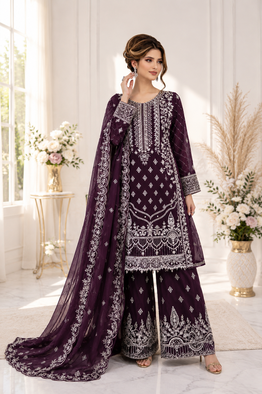 (51) Ramsha Chiffon plum Embellished Palazzo Set – Elegant Luxe Look