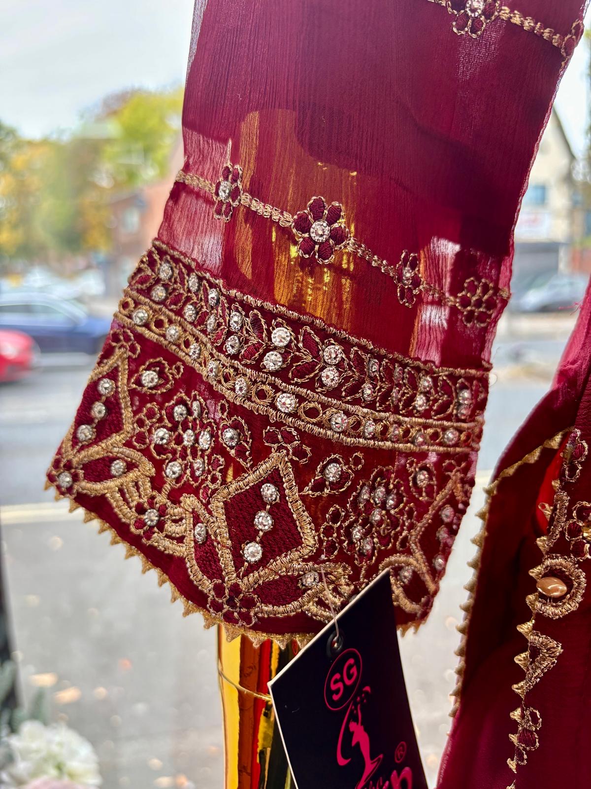 (124) Luxury Zaib Red Embroidered Chiffon 3-Piece Pakistani Occasion Suit