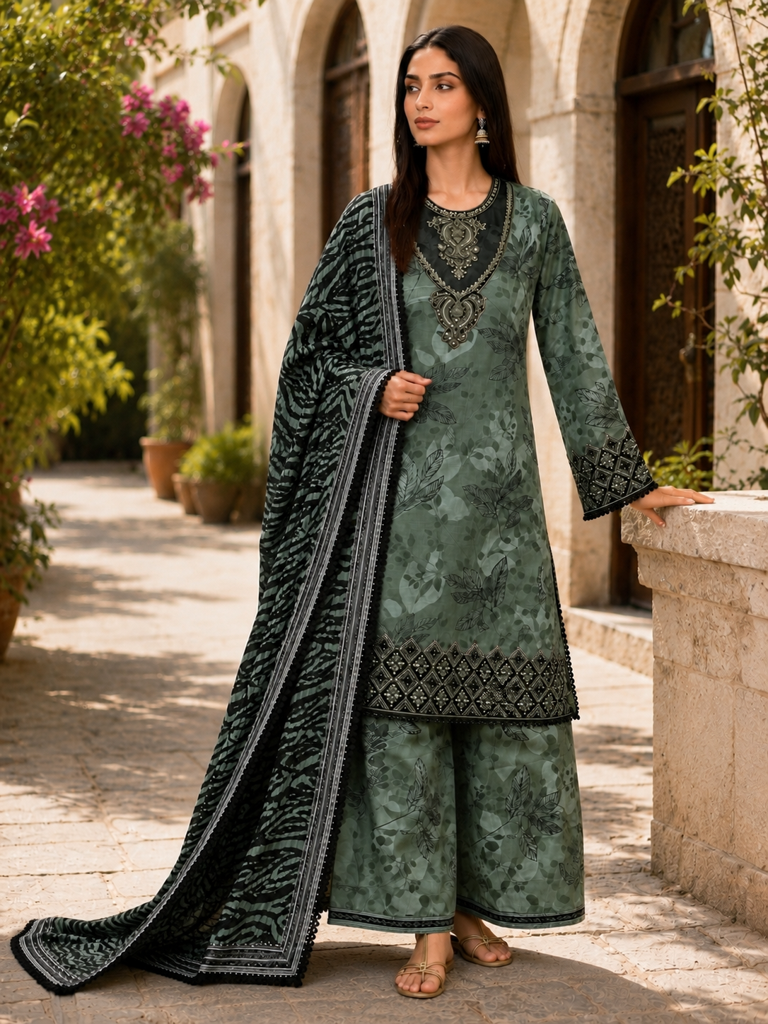 Elegant Lawn lace sequin printed embroidered three peice suit ready to wear