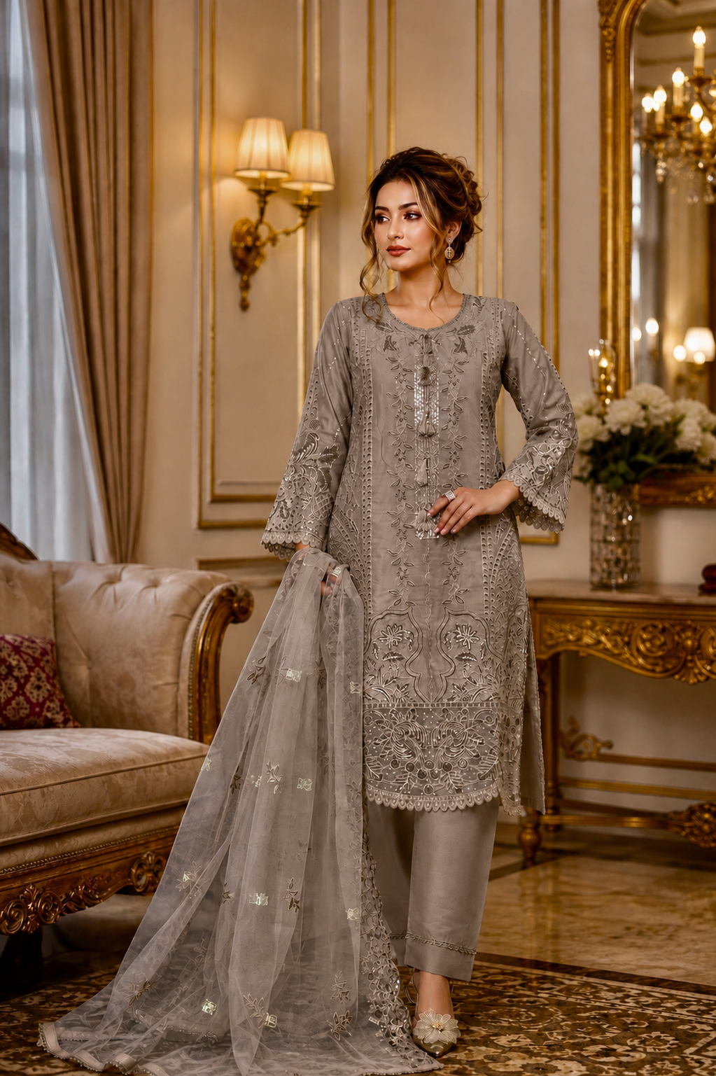 (156) Munira Premium Lawn Suit | Beaded Sequin Embroidery & Chiffon Dupatta