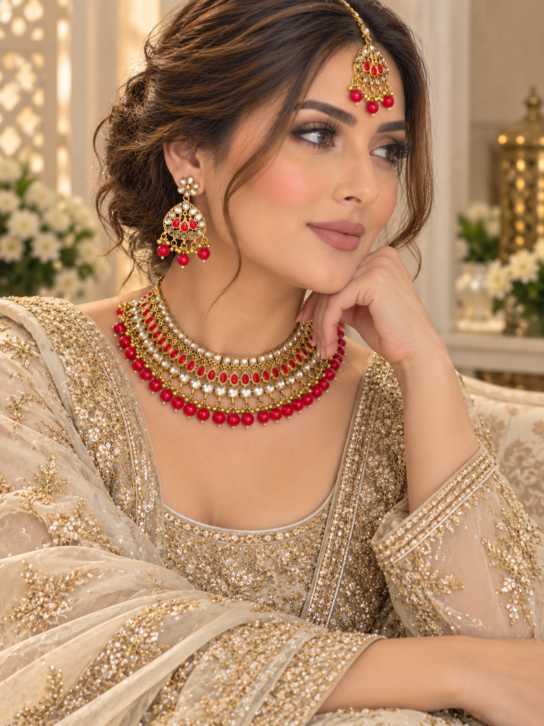 (J7) Elegant gold-tone jewellery set with red stones, sparkling details and matching tikka and earrings. Perfect for weddings and special occasions