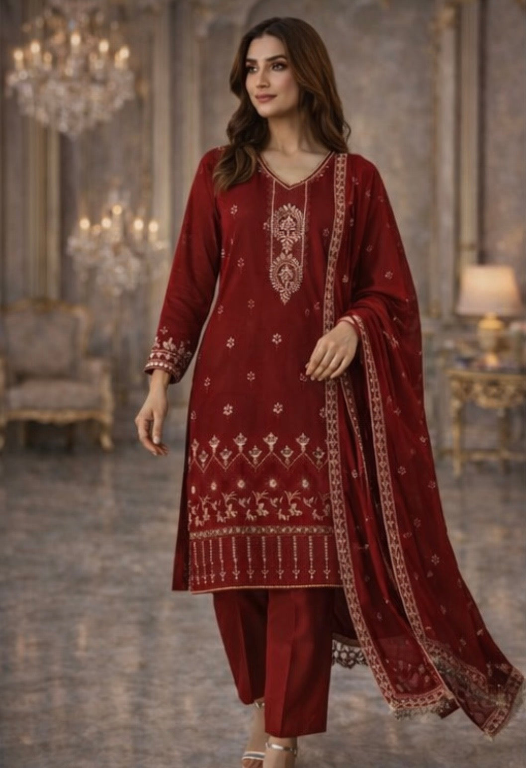 (346) Soft Lightweight Silky Viscose suit Embroidered Chiffon Dupatta Designed for Comfortable Ready-to-Wear Elegance