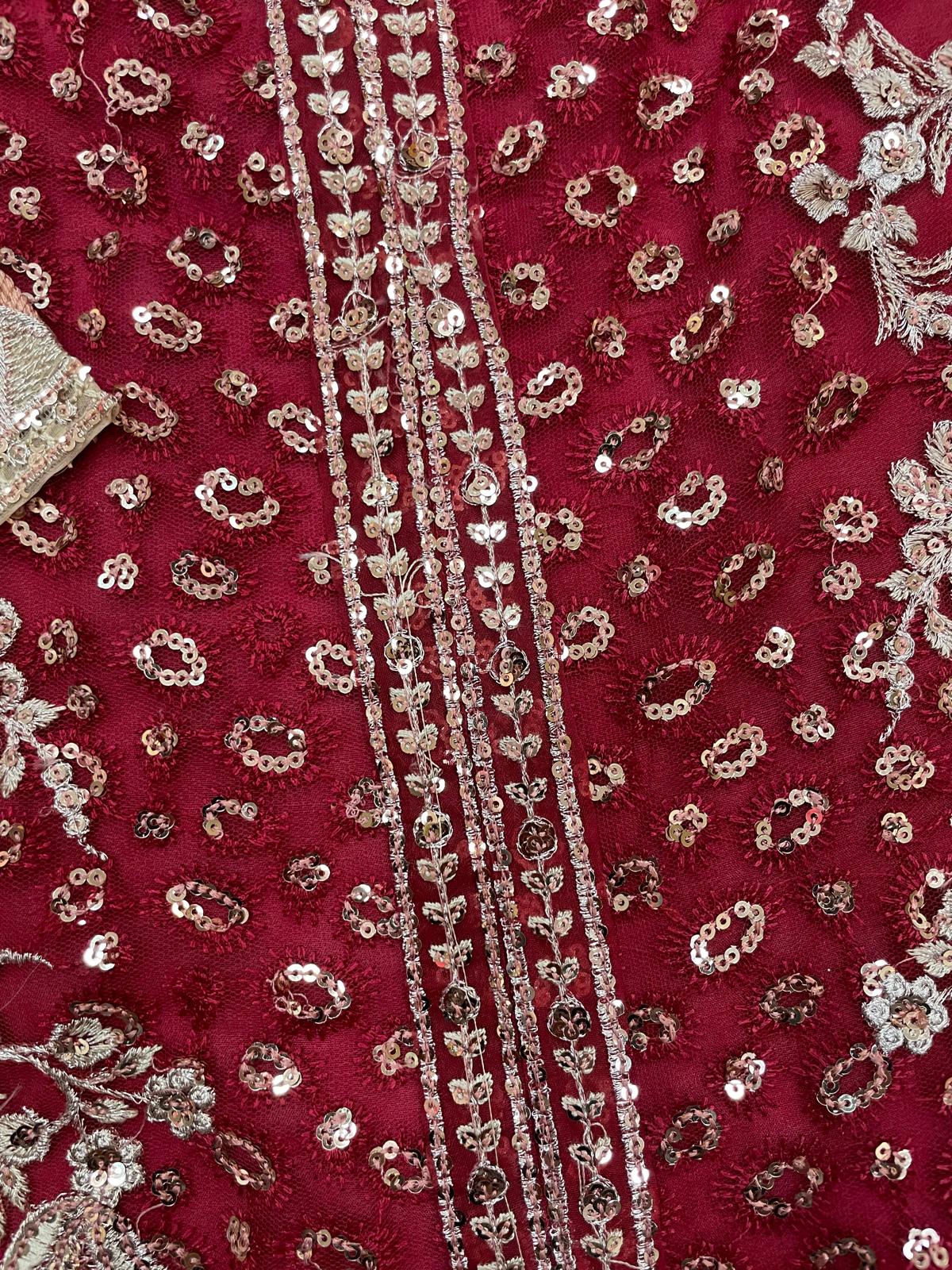(58) Stunning Pakistani Embroidered Organza Suit in Deep Red &Diamante & Pearls
