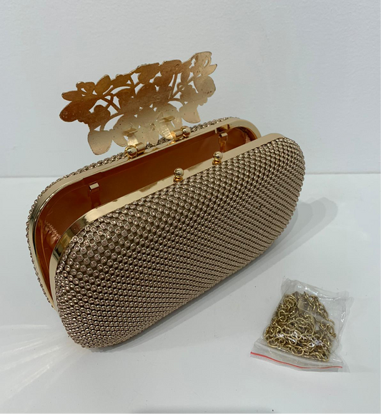 (233) Rose Gold Clutch Bag with Clasp Opening & Long Chain
