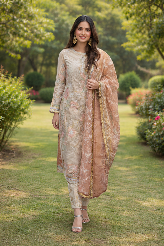 (67) Pakistani Embroidered Chiffon 3-Piece Suit – Pink & Cream Wedding/Festive