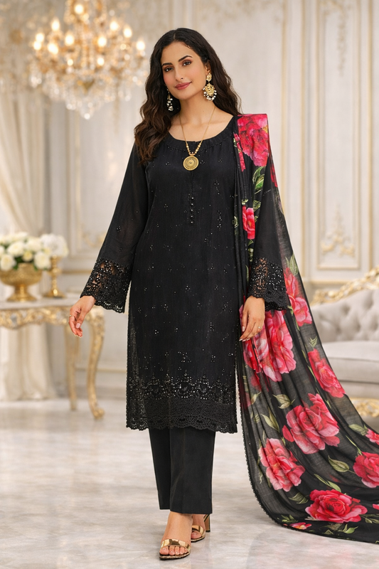 (345) Pakistani Viscose Chikankari Suit | Sequin & Floral Dupatta