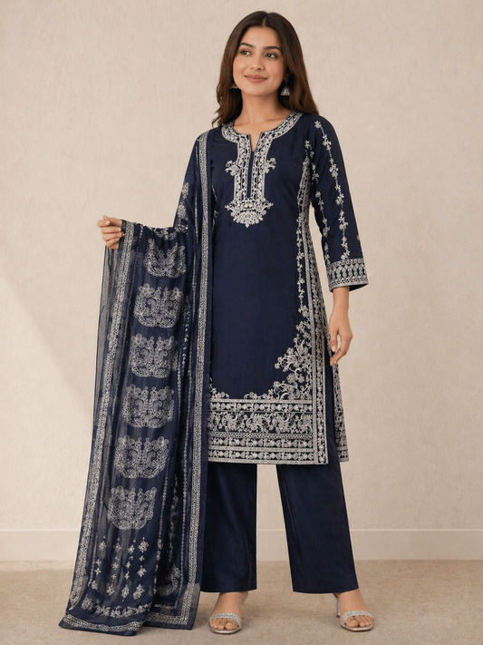 (89) Pakistani navy linen thread embroidered Zari printed dupatta lined trousers ready to wear