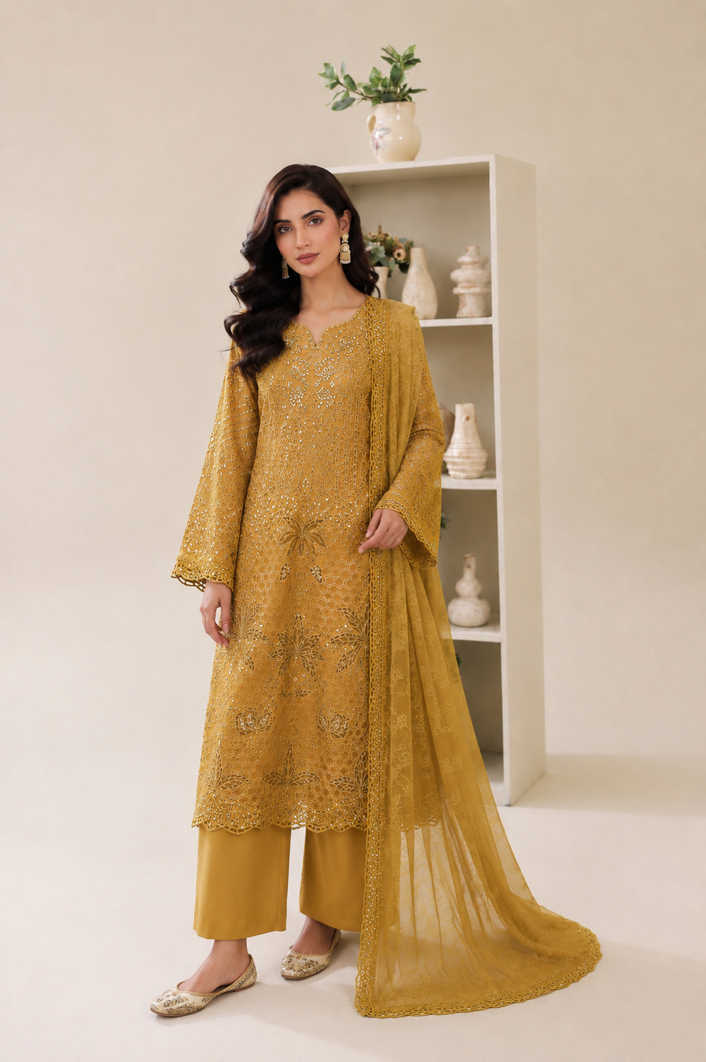 (182) Maria b inspired embroidered arabic lawn lace cutwork pearl sequins printed tissue silk dupatta ready to wear