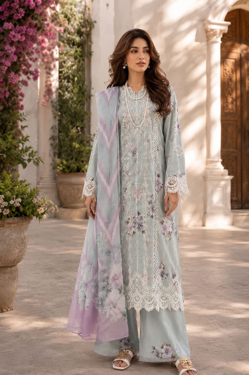 (177) Adan’s Libas Printed Lawn Suit | Lace Embroidery & Voile Dupatta