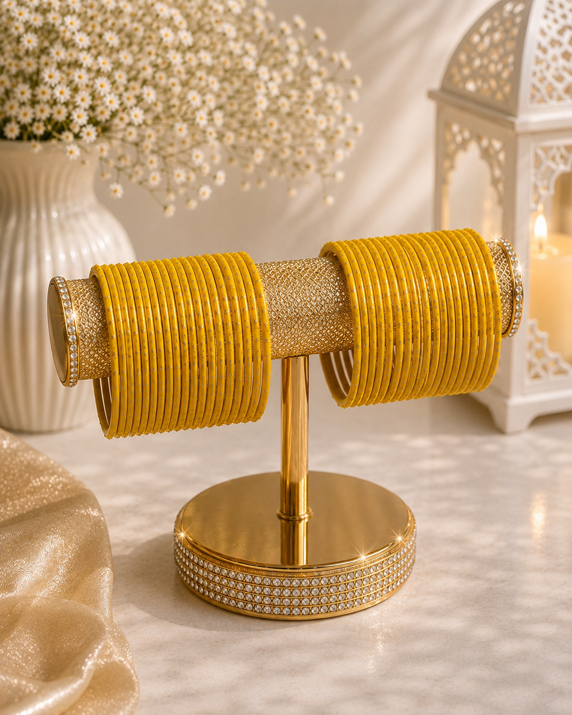 (B3) Elegant mustard yellow bangles with delicate sparkling detail. Perfect for weddings, Eid and special occasions size 2.6