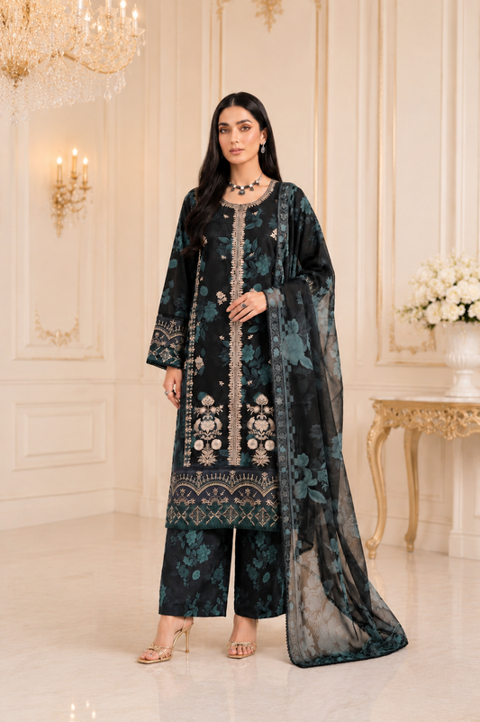(213) Elegant Floral Lawn Suit | Gold Thread & Sequin Embroidery