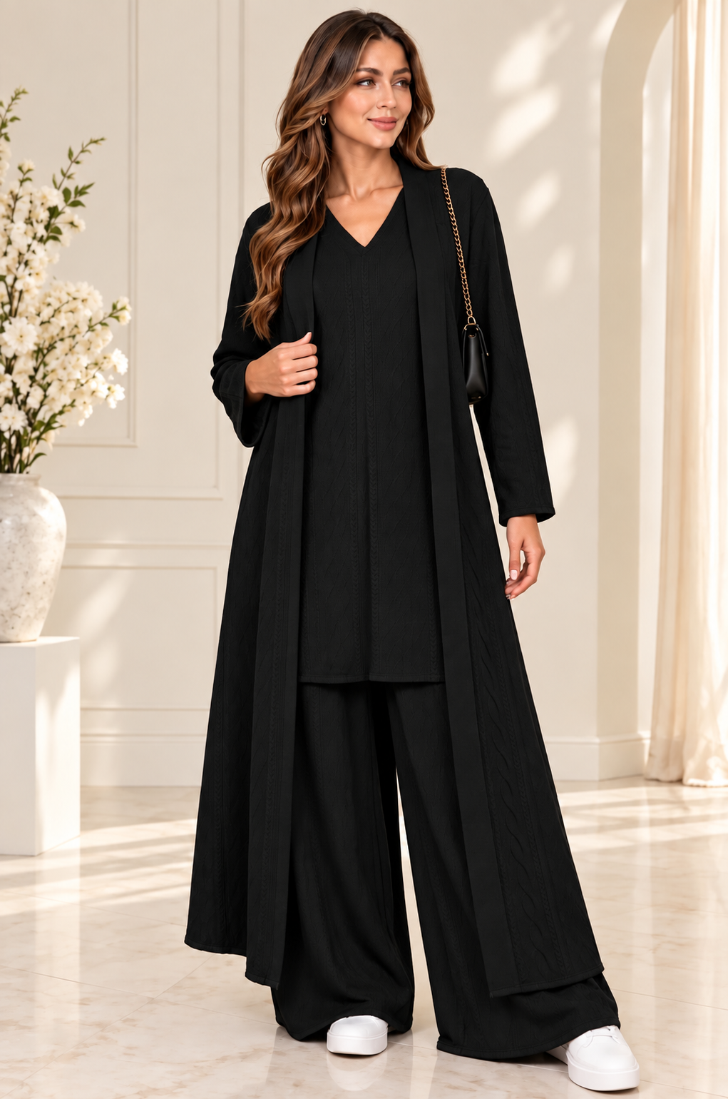 (375) Elegant 3-piece black one size textured knit co-ord set Featuring a flattering V-neck tunic, flowing wide-leg trousers and a matching longline open cardigan. stylish, comfortable effortlessly elegant outfit