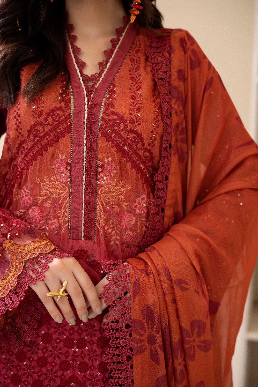 (350) Maria b inspired embroidered arabic lawn lace cutwork pearl sequins printed chiffon dupatta ready to wear