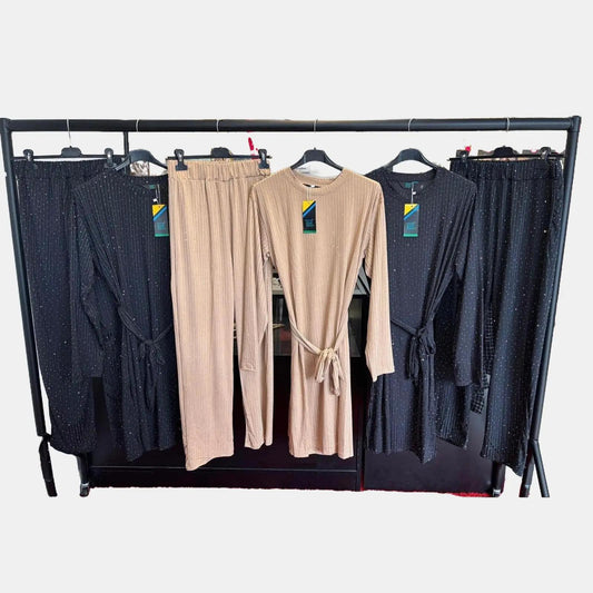 (69) Beige Ribbed Co-ord | Shimmer 2-Piece w/ Diamanté Split