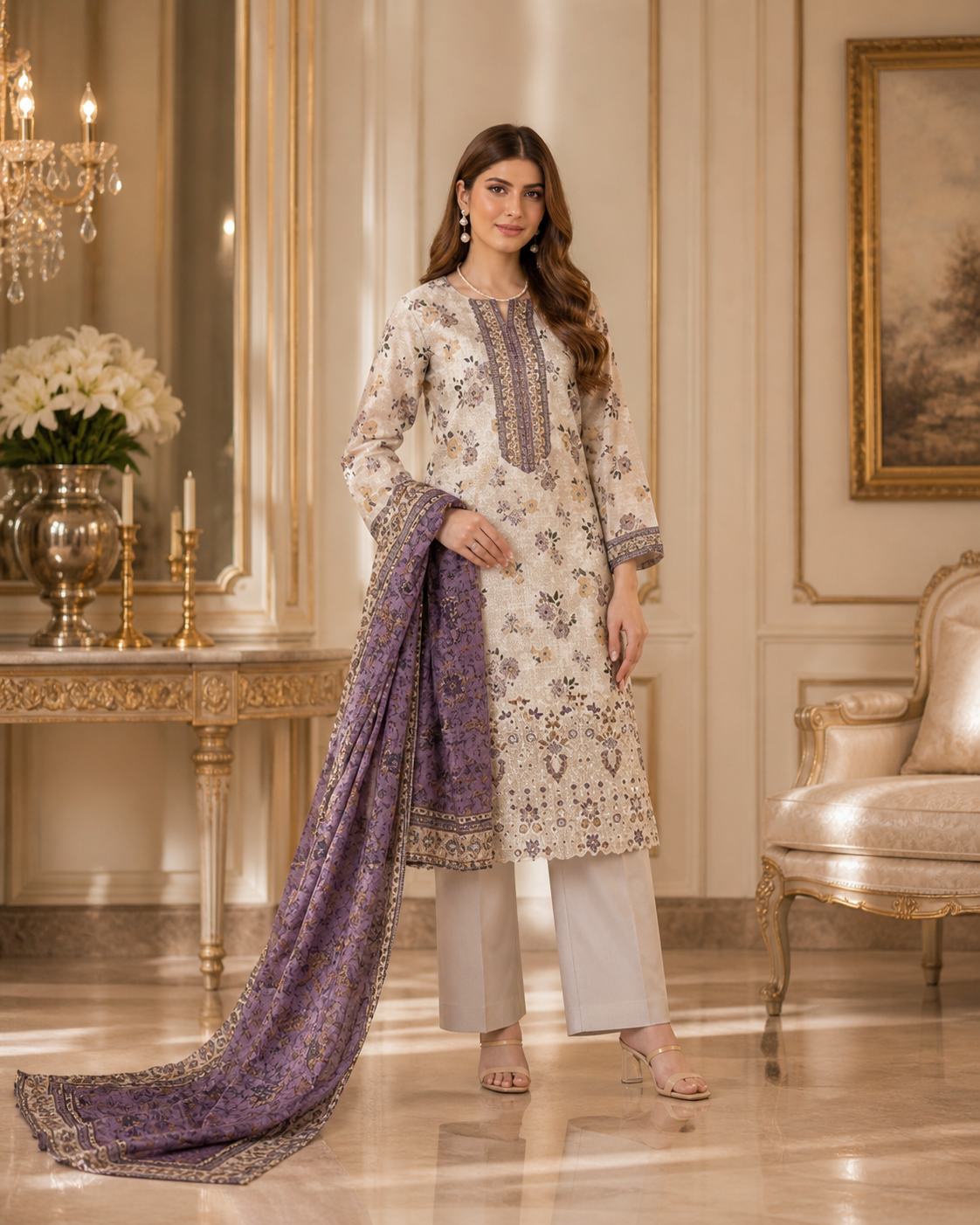 (147) Tawakkal Digital Floral Lawn Suit | Cutwork & Beaded Embroidery