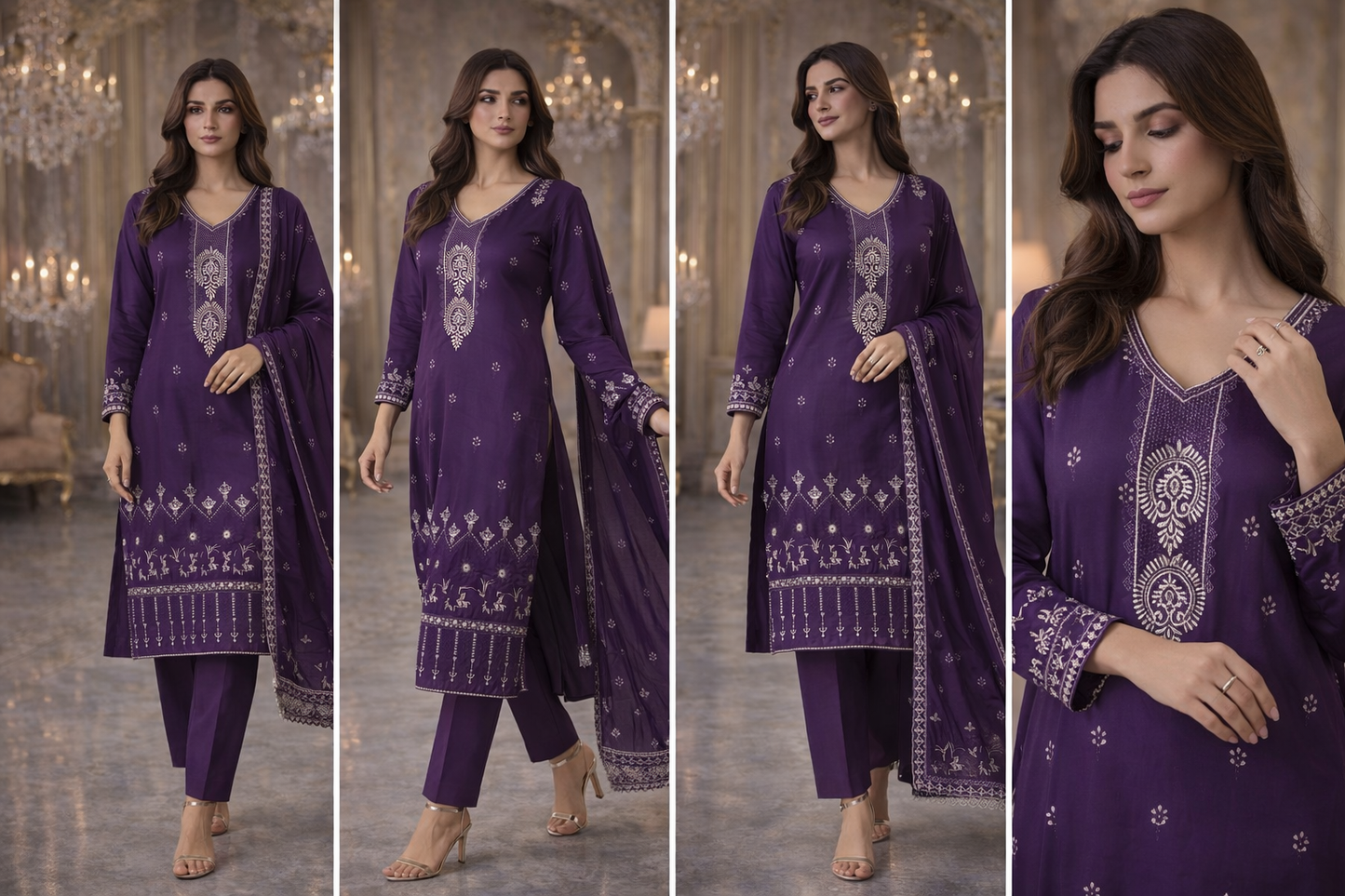 (3) Soft Lightweight Silky Viscose Suit with Embroidered Chiffon Dupatta