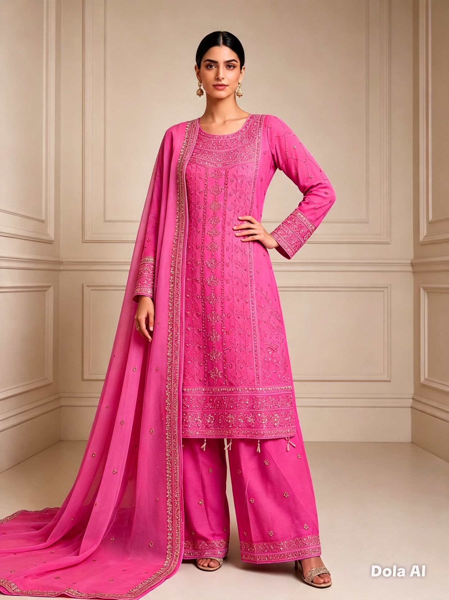 (158) elegant shocking pink  elegant gold embroidered chiffon fully lined detailed plazzo ready to wear