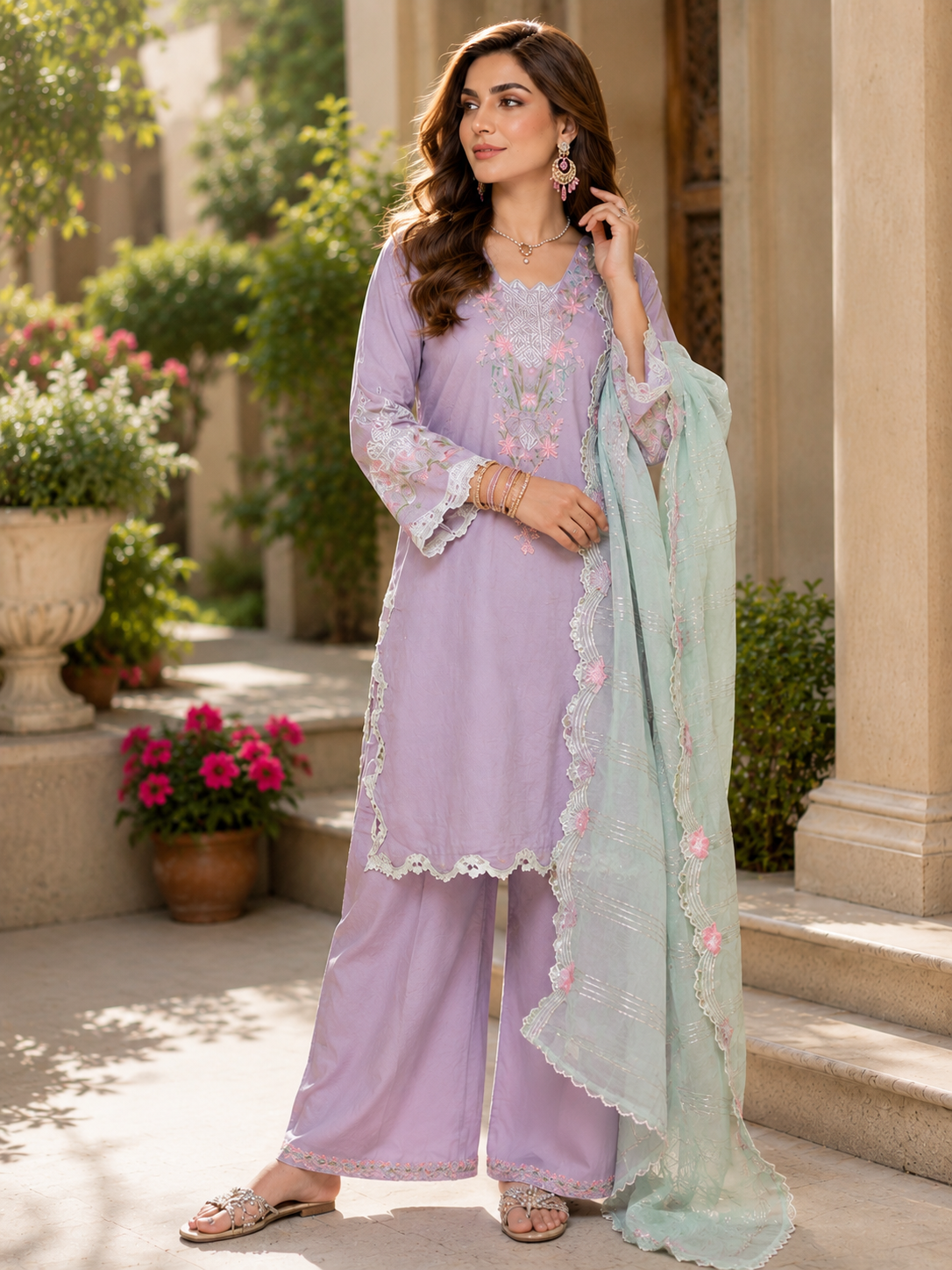 (249) Floral Lace Viscose Farshi Shalwar Suit | Ready-Made Elegance