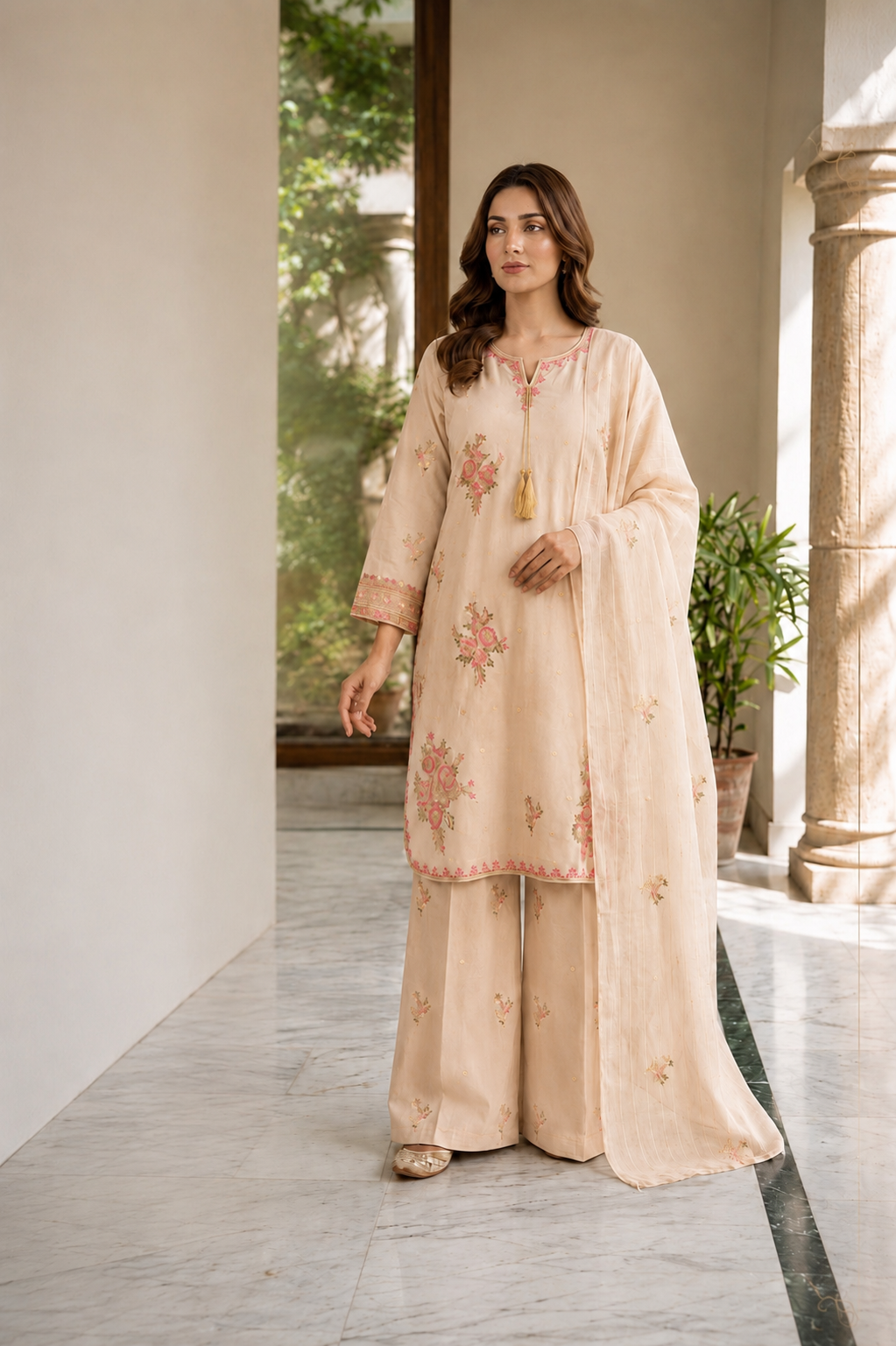 (366) Abeeha Elegant beige Viscose Suit – A beautifully designed rounded kameez featuring delicate gold thread floral embroidery, paired with stylish palazzo trousers and a soft bamber dupatta.