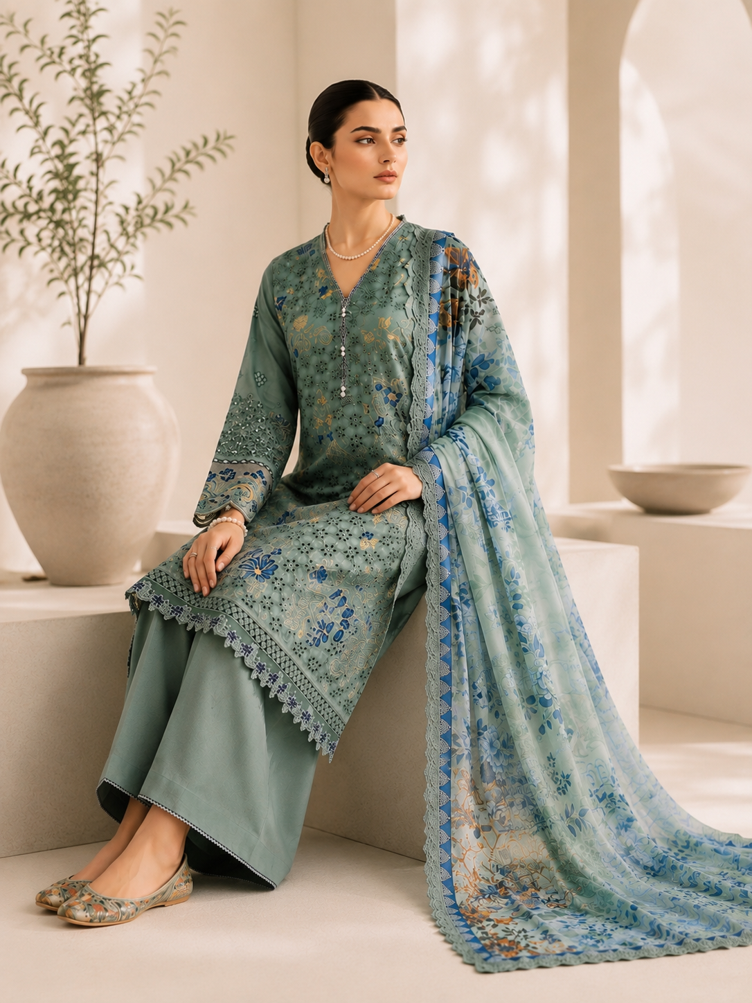 (11) Rangreza pret pastel chicken kari lace embroidered pearl button neck line printed chiffon duppatta ready to wear