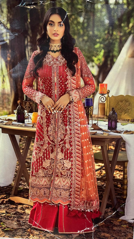 (58) Stunning Pakistani Embroidered Organza Suit in Deep Red &Diamante & Pearls