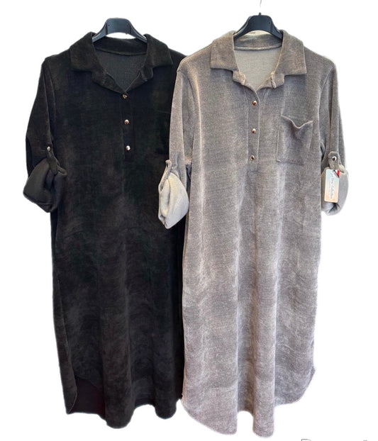 (72) Ladies velvet feel shirt dress button collared comfy wear long sleeve one size