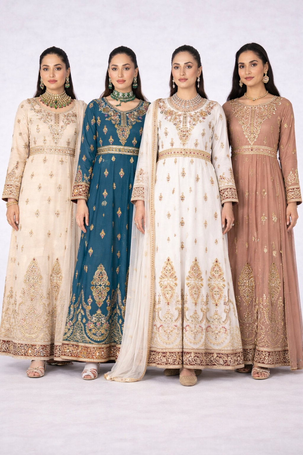 (107) Elegant Pakistani beige Crinkle Chiffon Long anarkali 3-Piece Suit with Gold Diamante Accents and Fine Gold Thread Embroidery