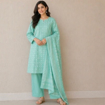 (113) Bin Saeed Lawn Suit | Floral & Pearl Neck | Contrast Dupatta