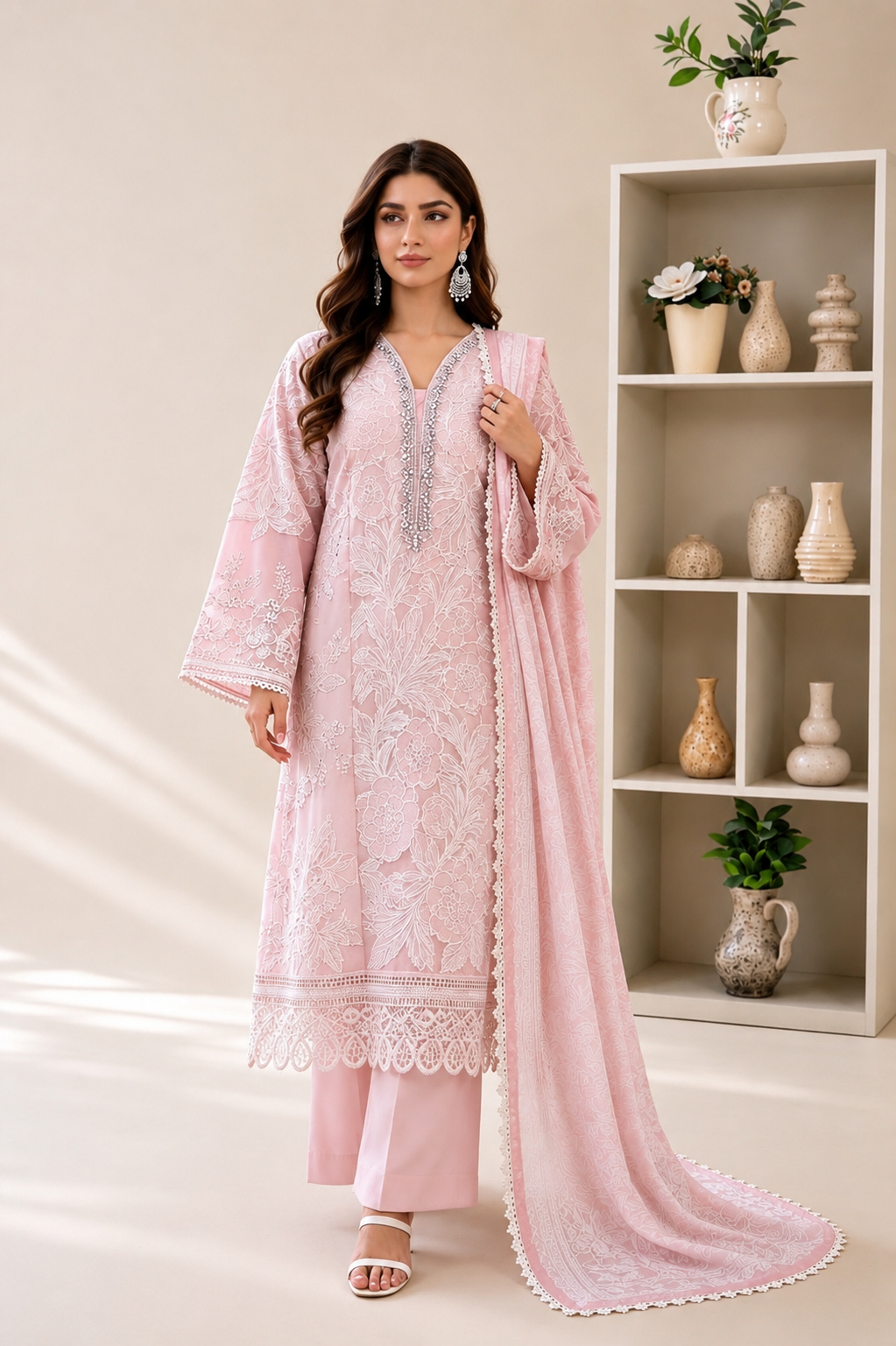 (177) Maria b inspired embroidered arabic lawn embellished pearl diamonte printed tissue silk dupatta ready to wear