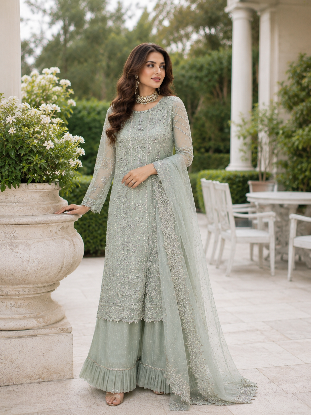 (220) Maria B Inspired Organza Diamanté Embroidered Fancy Trouser Suit